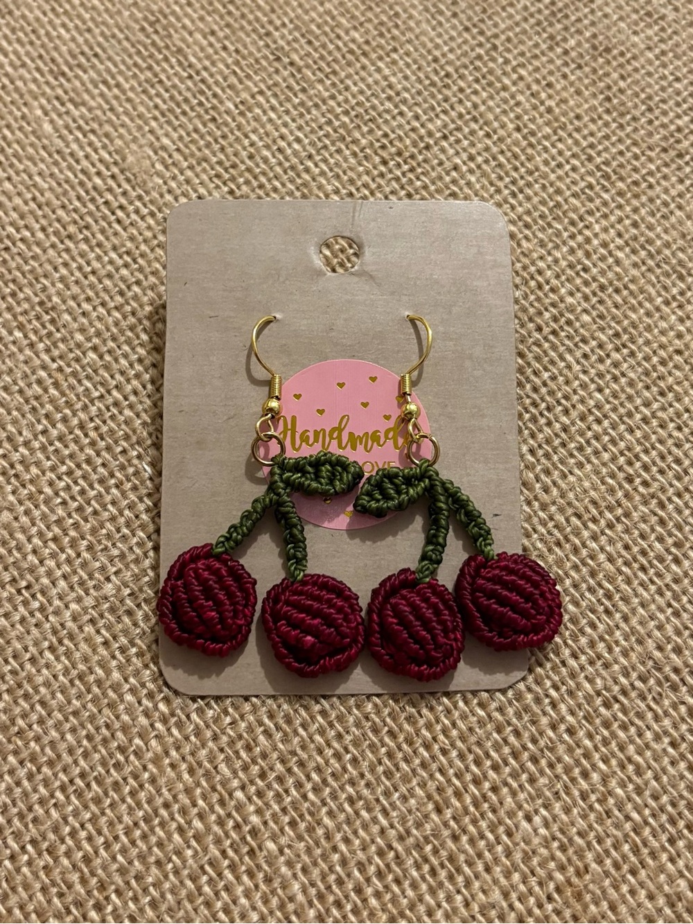 Red Cherry Dangle Earrings with Green Stems